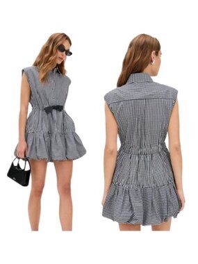 NEW Sea New York Tiered Bubble Hem Sleeveless Gingham Mini Dress Black White